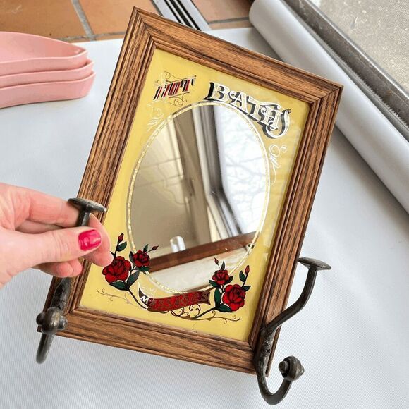 Vintage 1991 Hensley Wood-Framed Barbershop Mirror w/ Hooks, Rose Design - Picture 9 of 11